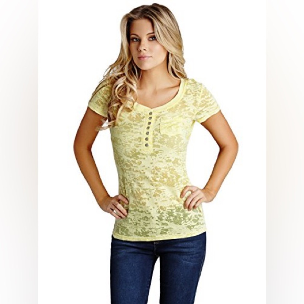 Guess Kelley Burnout Henley Yellow Women's Top Size S Half-Chest 15”